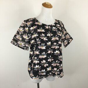 NWT BCNU Black MultiColor Striped Lotus Flower Print Sheer Boxy Crop Shirt